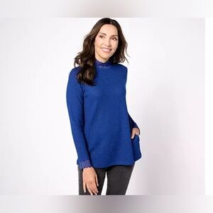 LOGO by Lori Goldstein LARGE Metallic Waffle Knit Mock Neck Top with Lace